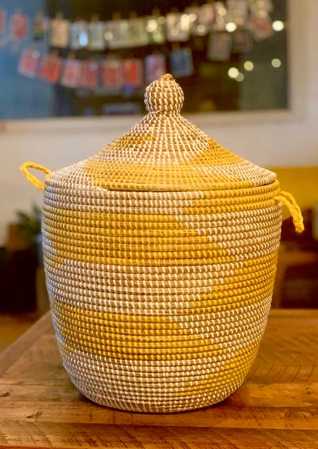 Senegalese Lidded Basket - Yellow & White